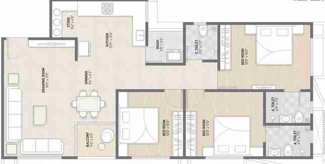 3 BHK 966 Sq Ft sq.ft.